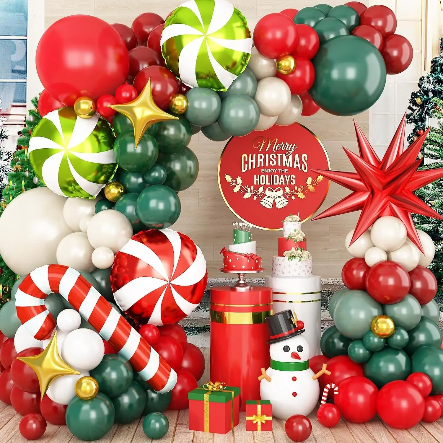 150 PCS Christmas Balloon Arch Kit, Red Green White Balloon Garland Kit with Sage Green Sand Translucent Green Latex Balloons Metallic Gold Balloons, Candy Cane Star Foil Balloons for Xmas Party Decor