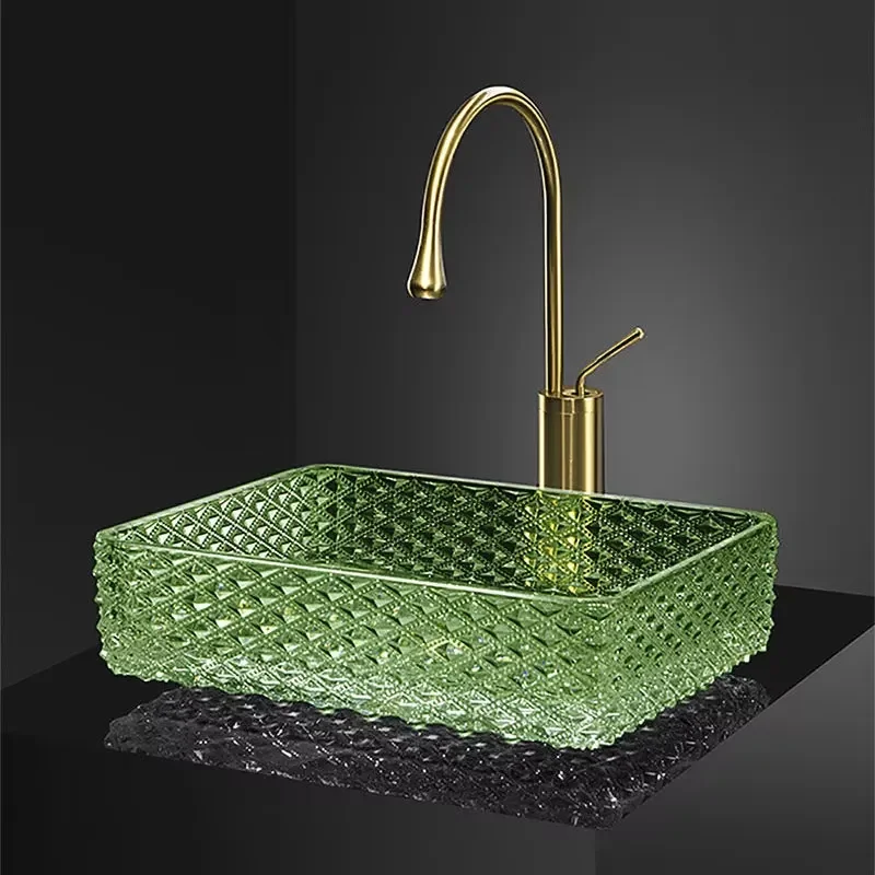 Rectangular Crystal Glass Washbasin Light Luxury Transparent Hotel Sink Die Casting Art Design No Faucet Hole Modern Bathroom