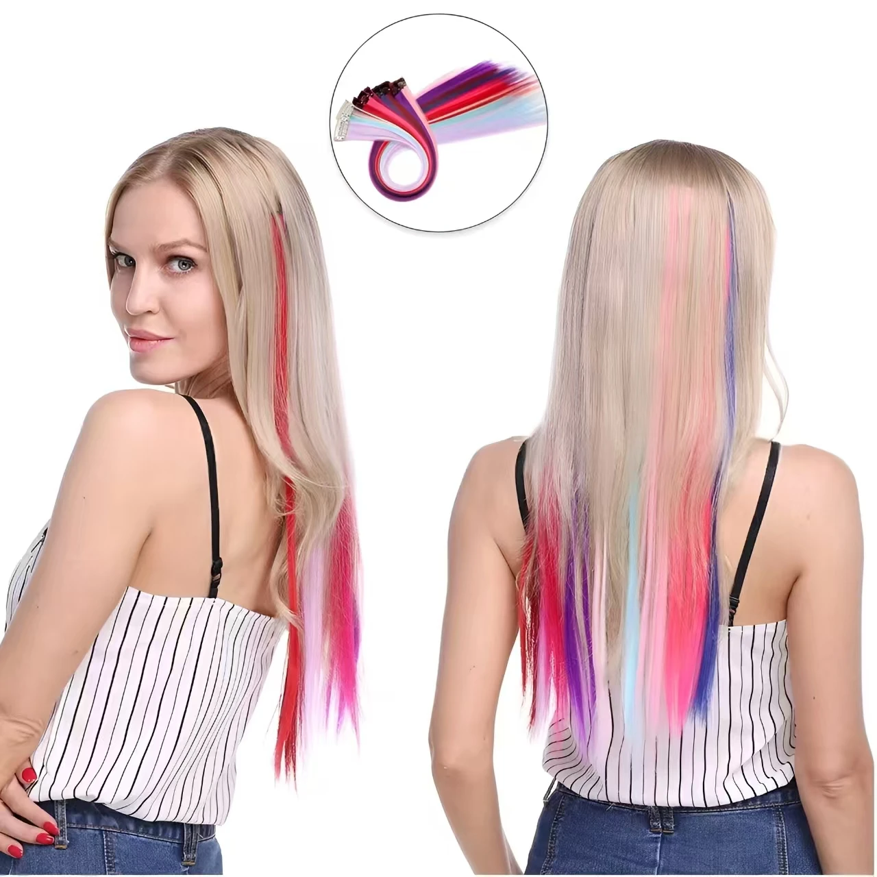 カラフルなクリップイン人工毛エクステンションレインボーロングストレートヘアピース女性女の子子供用 Y2K スタイルデイリーパーティー 3 ピース/セット