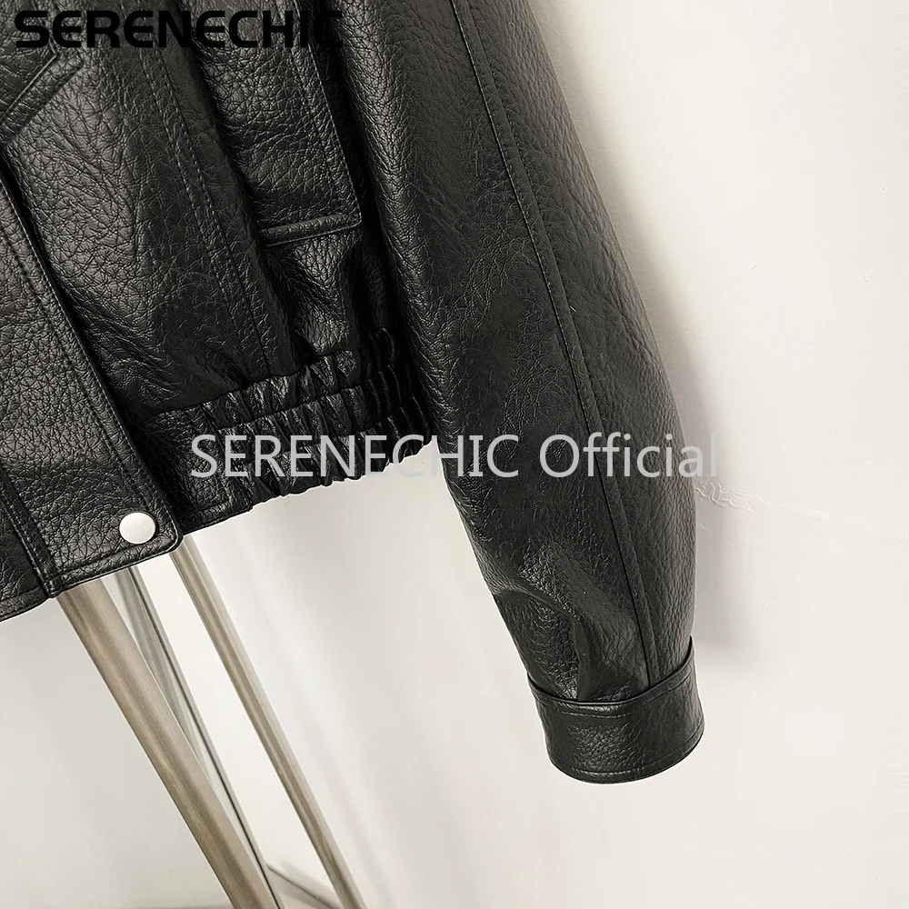 SERENECHIC Textured PU Aviator Coat with Elastic Hem Women's Black Cropped Faux Leather Jacket New Vintage Outerwear Female