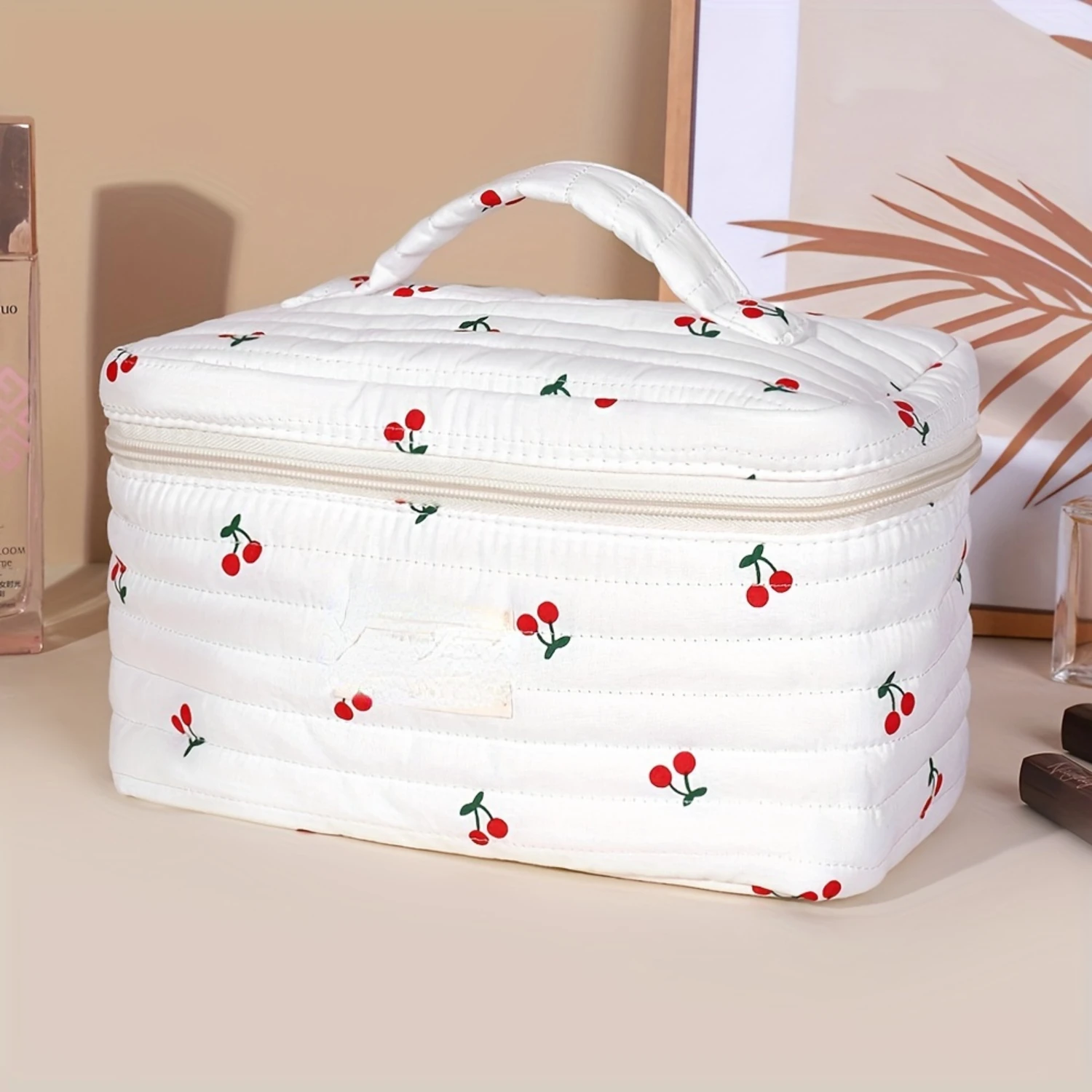 Cherry-Print Cotton Cosmetic Bag Set - Elegant Toiletry Organizer for Women, Travel Makeup Gift