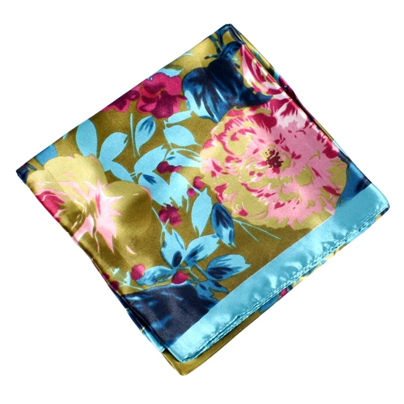 Versión coreana de bufandas cuadradas minimalistas y frescas de 90 colores Ding de imitación de seda con flores y plantas disponibles en stock para mujeres