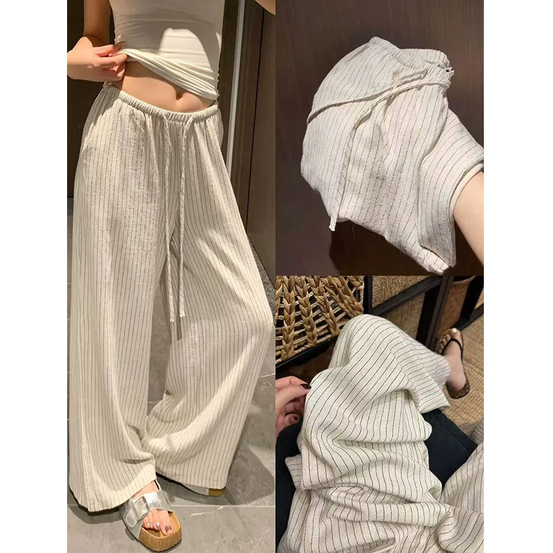 2026 New Japanese Striped Wide Leg Pants Women High Waist Drawstring Loose Draped Casual Trousers Thin Spring Summer