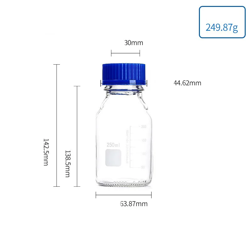 

250ml Borosilicate Glass Reagent Bottle with Blue Screw Cap Boro Glass Labware, Leak-Proof & Autoclavable for lab/Pharma