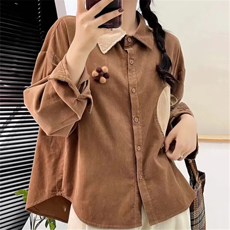 Johnature Japanese Forest Color Patchwork Corduroy Shirt Women 2024 Autumn New With Brooch Tops Casual Irregular Loose Women