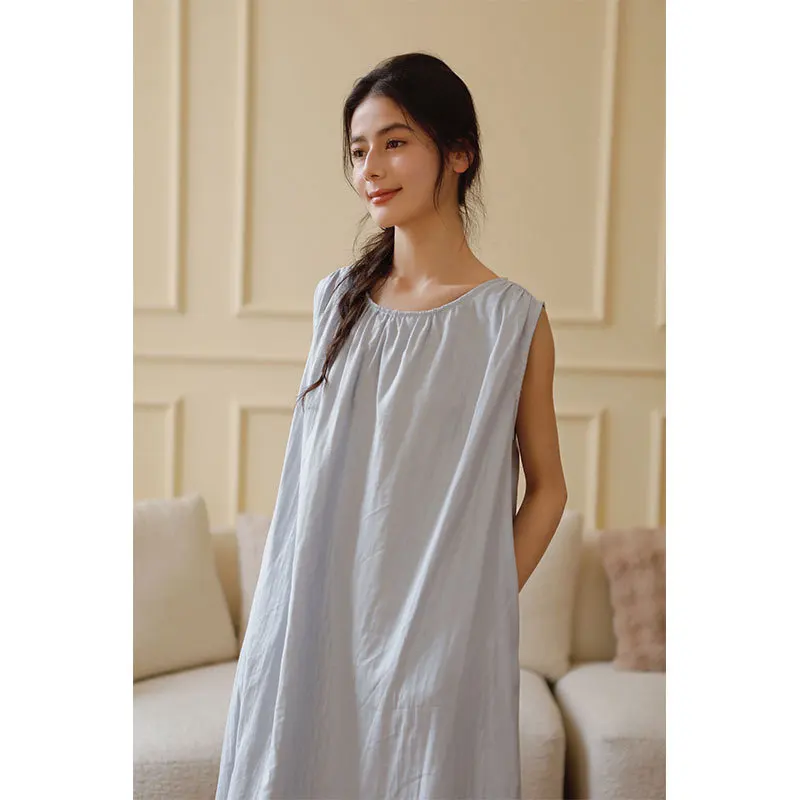 فستان سهرة قابل للتنفس بطبقة مزدوجة من القطن الشاش فستان منزلي نسائي صيفي بدون أكمام بلون سادة ملابس نوم طويلة غير رسمية