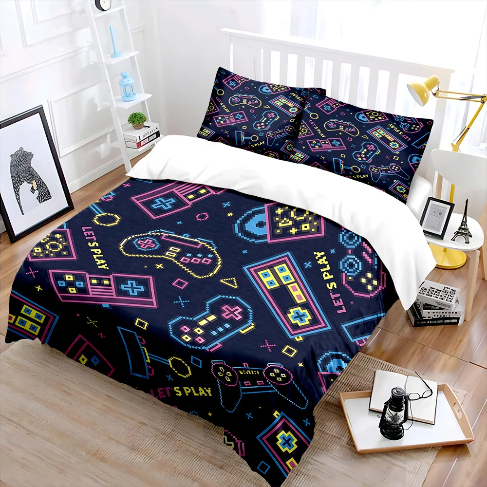 Pixel Style Gamepad Pattern Bedding Set for Kids Luxury Gift 3pcs Digital Print Comforter Set Soft Comfortable Breathable