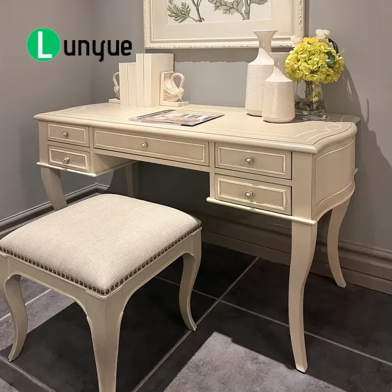 French Style Solid Oak Wood Dressing Table with Lamp Vertical Mirror Storage Cabinet Iron Frame Bedroom Vanity Furniture