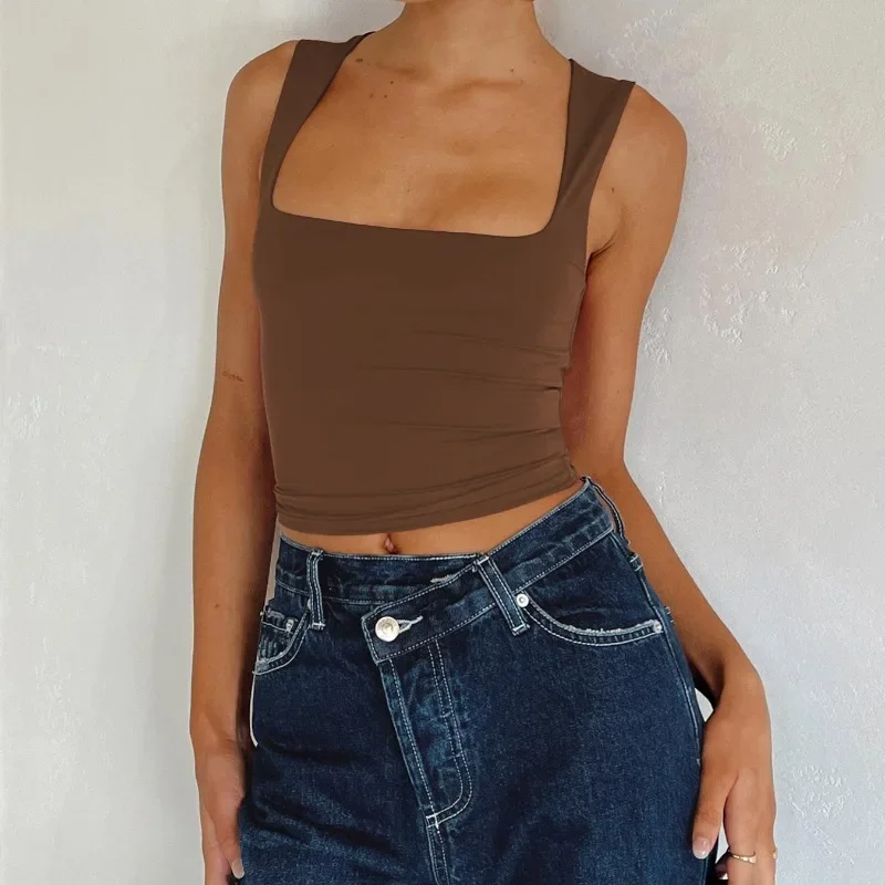 New Women's Simple Slim Tank Tops Y2k Midriff Tops Solid Colors Square Collar Bottoming Shirts Sexy BM Summer T Shirts GZML0024