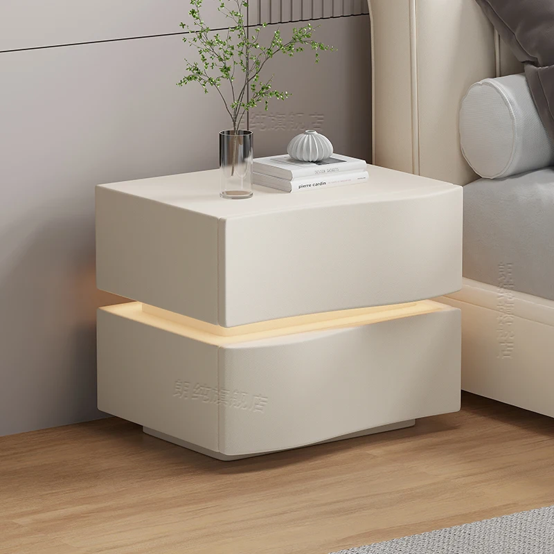 

Creative light luxury solid wood bedside table simple modern cream style advanced with sensor light bedroom home 2025 new