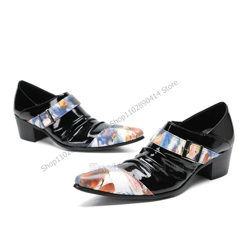 

Mixed Color Print Buckle Decor Pleated Men Shoes Fashion Slip On Men Casual Shoes Luxury Handmade Party Banquet Men Dress Shoes