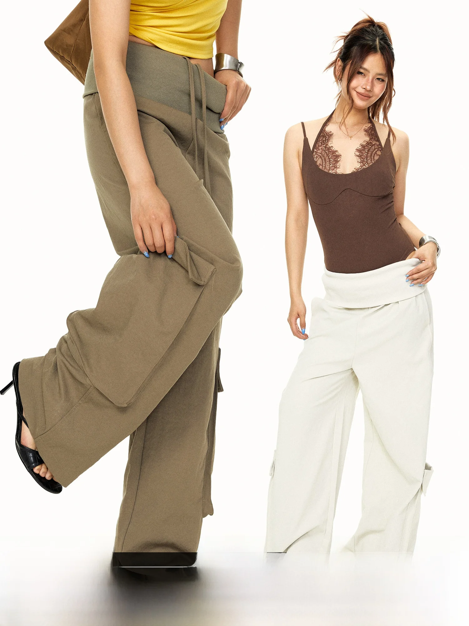 Blackbb American Street Style Cuffed Drawstring Work Pants Women Summer Versatile Loose Large Pocket Casual Long Trousers