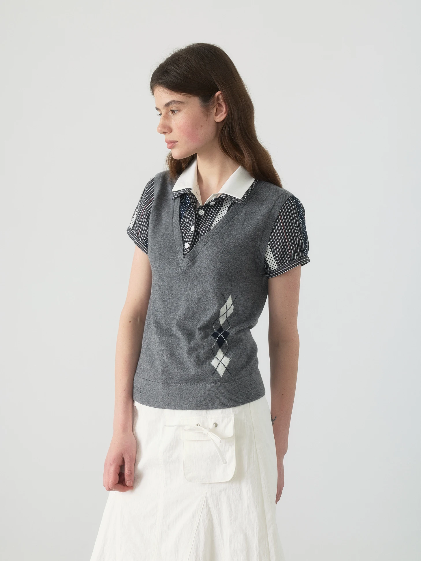 

Вязаный пуловер с ромбовидным узором, двойным слоем, воротником и добавлением шерсти, короткий рукав, женский, модный, оригинальный дизайн, весенняя одежда