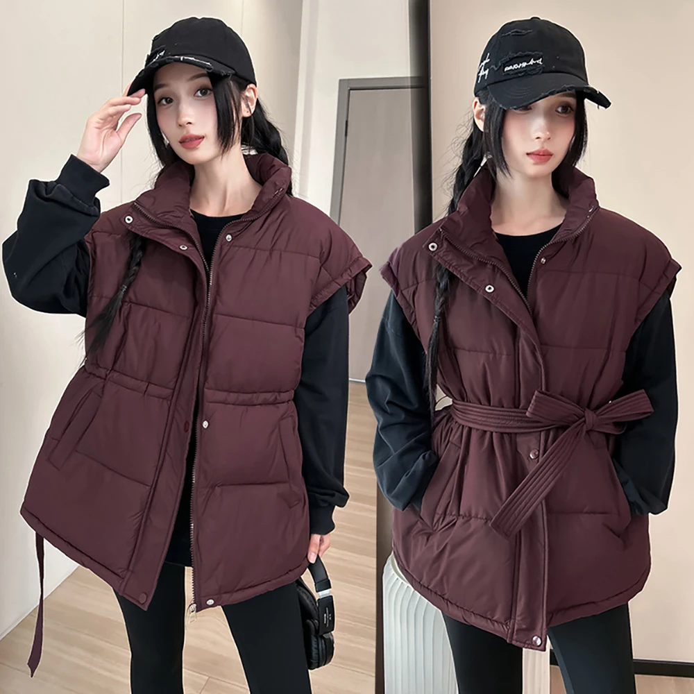 Autumn Winter Belt Slim Cotton Jacket Vest for Women 2025 Fashion Stand Up Collar Zipper Waistcoat Warm Sleeveless Quilted Coats