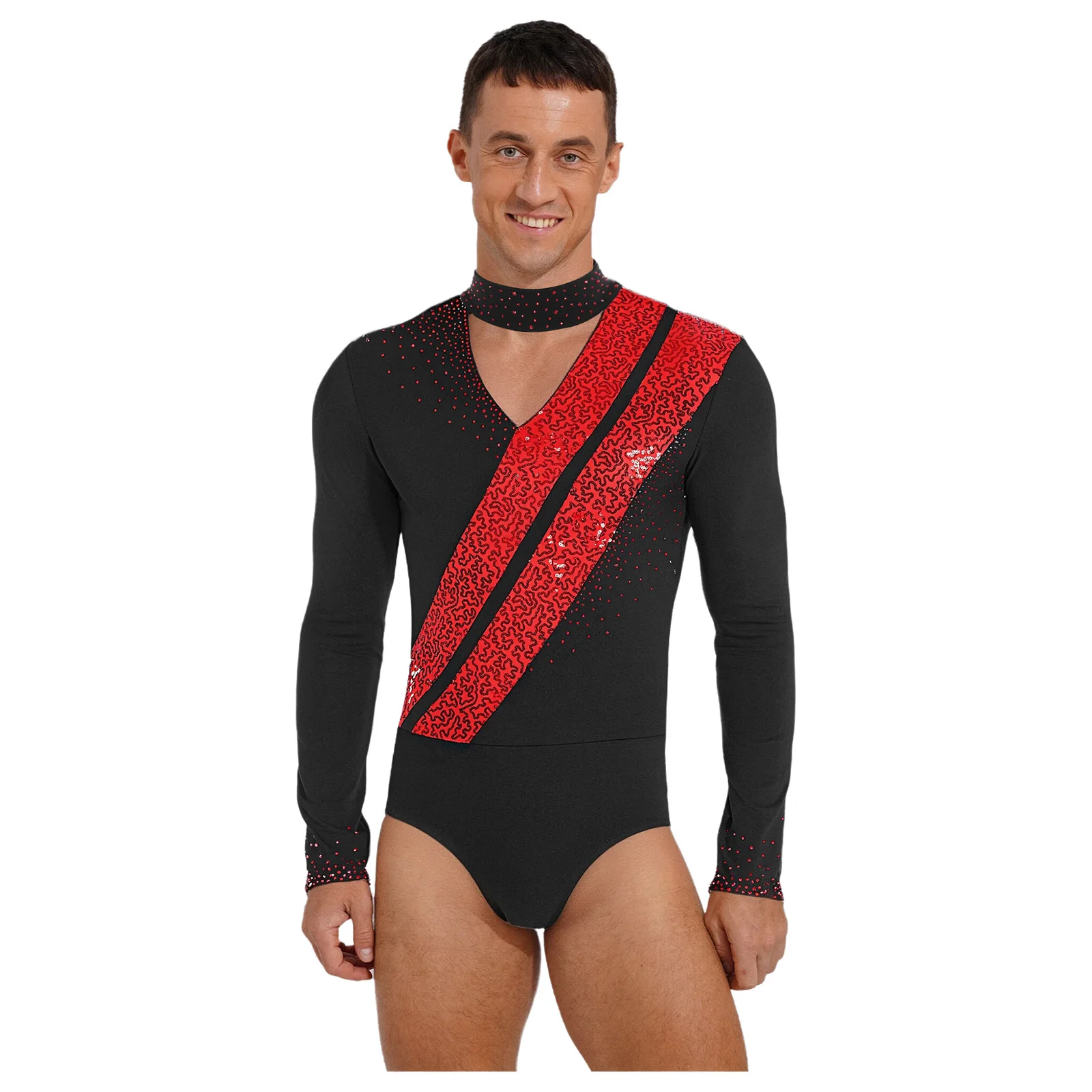 ชุดบัลเลต์ชาย แขนยาว ชุดยิมนาสติกเลอทาร์ด ประดับเลื่อม ชุดกายกรรม บอดี้สูท ชุดเต้นลาติน จั๊มสูท ชุดเต้นฟิกเกอร์สเก็ต