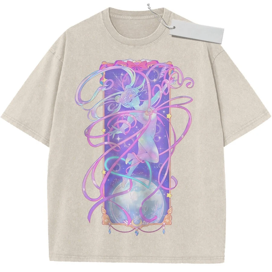 2026 Summer Men's Purple Washed T - Shirt Sailor Moon & Chibiusa Dreamy Ribbon High - Quality Fabric for Casual Shopping