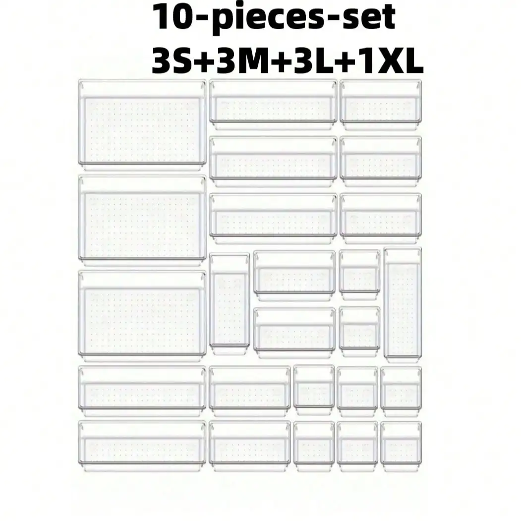 

10-Pack 4-Size Clear Drawer Organizers, Non-Slip Bins for Bathroom & Office
