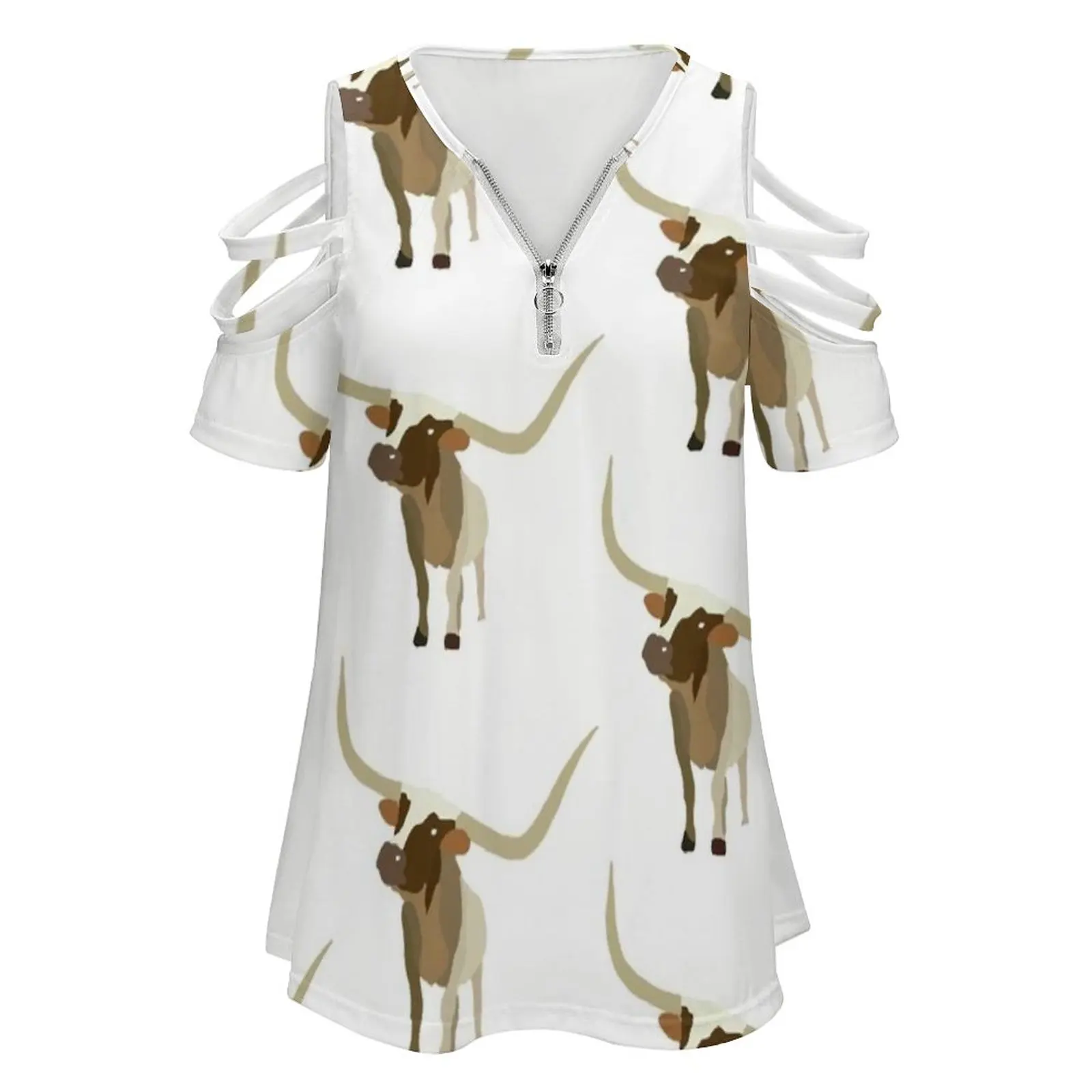 Longhorn Women's T-Shirt New Fashion Printed Zipper V-Neck Short Sleeve T Shirts Casual Plus Size Longhorn Cow Texas Farm