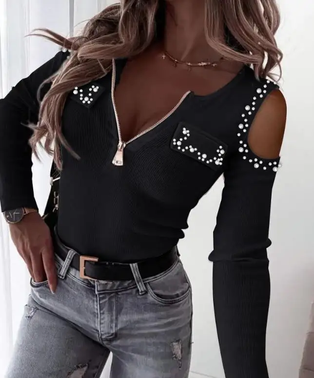 

Women's V-neck long sleeved casual style 2024 color blocked striped printed cold shoulder ribbed top