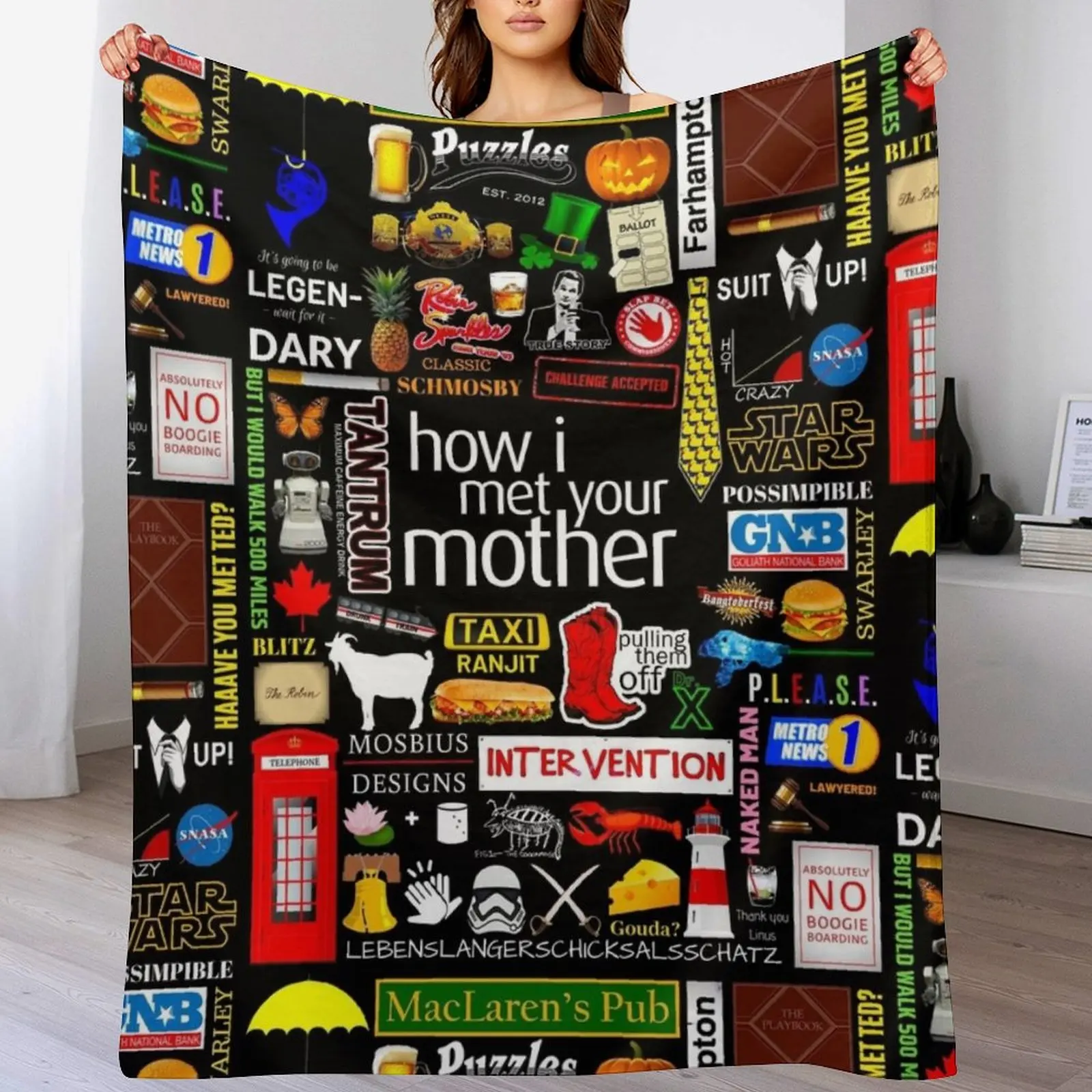 How i Met Your Mother Collage Poster Iconographic - Infographic Throw Blanket Sofas Soft Cute Plaid Blankets