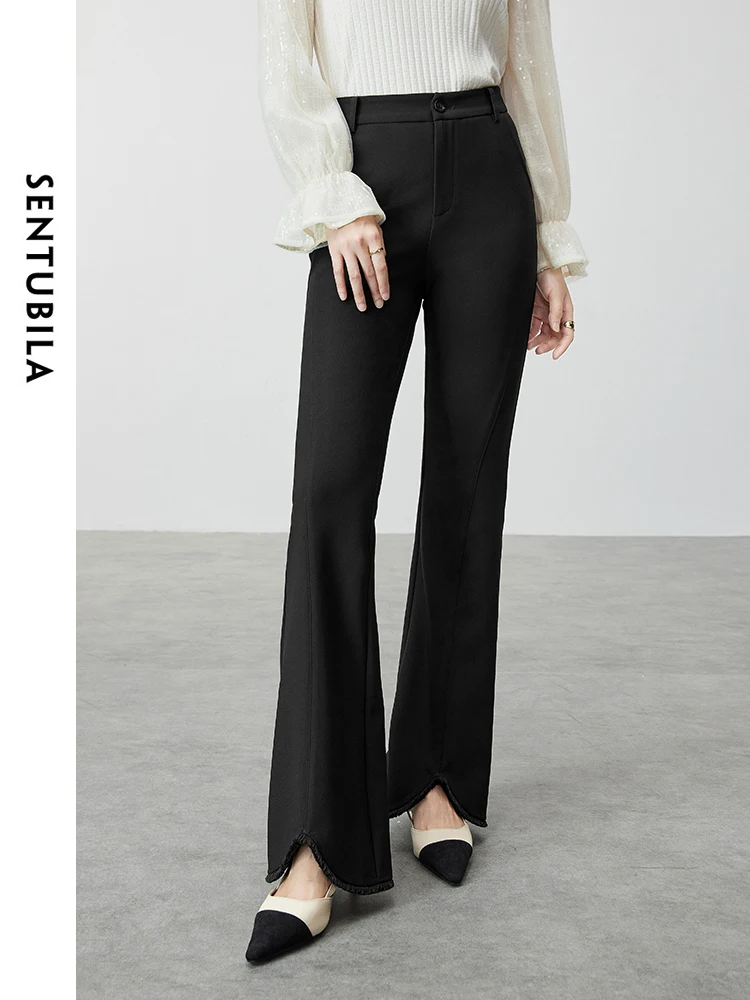 

SENTUBILA Slim Fit Knitted Flare Pants Women 2024 Autumn Fashion Elegant Solid Zipper Black Trouser Women Clothing 143K55790