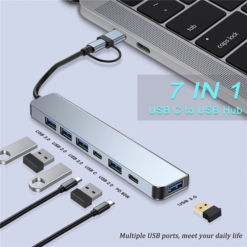 7 In 1 USB Extender USB Dock Station With 4 USB Port 2 USB C Port For PC Laptop/Phones And More Devices