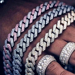 Hip Hop Bling Cuban Link Chain Necklace for Women and Men Pink and Blue Rhinestone Iced Out Punk Jewelry Gift 14mm Drop shipping