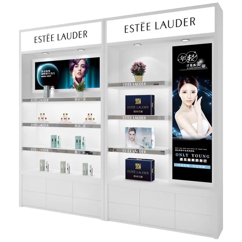 (Personalizado) Armário de cosméticos de parede de madeira da moda Equipamento de produção Vitrine de produtos de maquiagem macia para lavagem facial