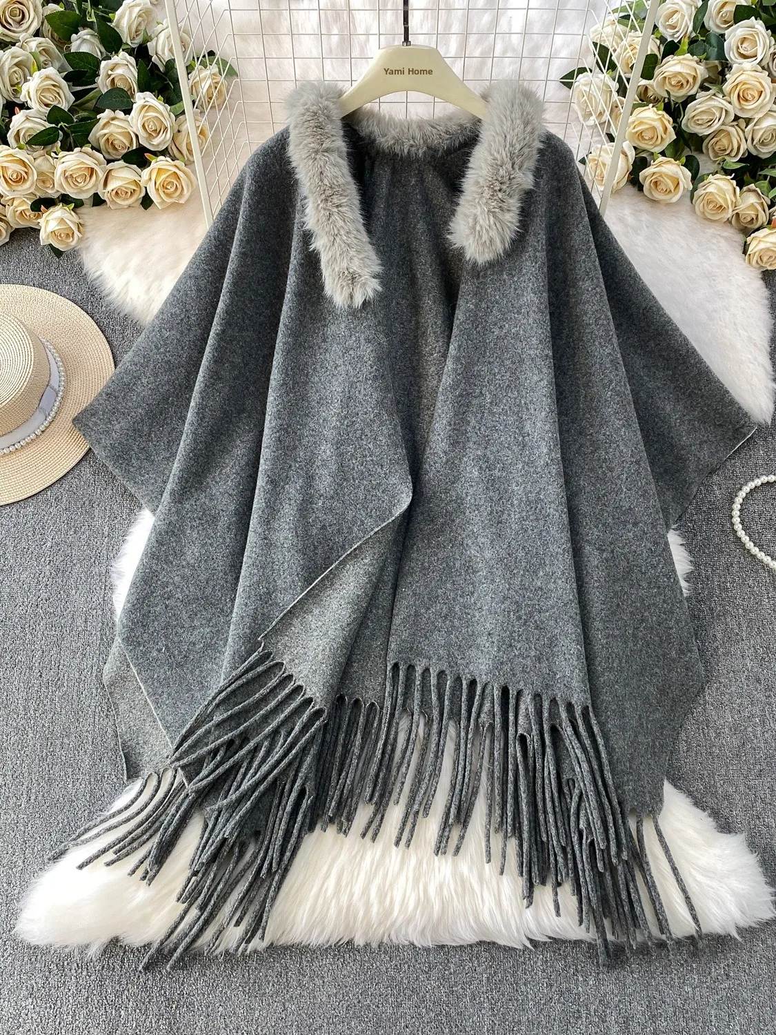 

Ele Lady Тяжее рабочее меховое пальто с запахом и v-образным вырезом, женское зимнее трикотажное пальто с кисточками средней длины, модное пальто для поездок на работу