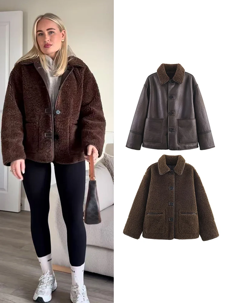 

Fashion Double Sided Jacket For Women Lapel Single Breasted Long Sleeve Pocket Short Coats Winter New Lady Warm Outerwear