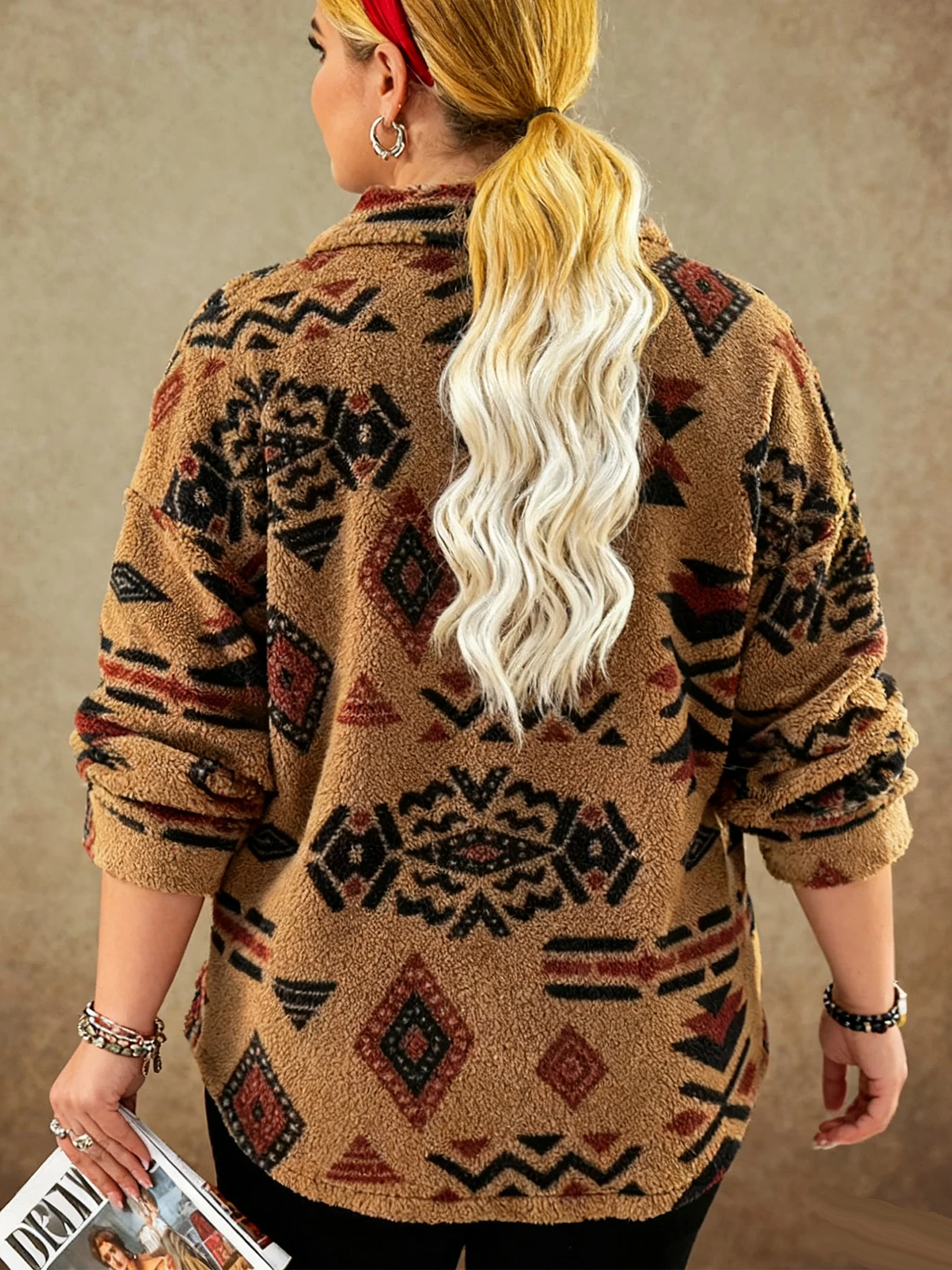 Plus Size Navajo Aztec Tribal Print Sherpa Shacket Lapel Collar Button Down Long Sleeve Chest Pocket Oversized Loose Curvy Fall view 3