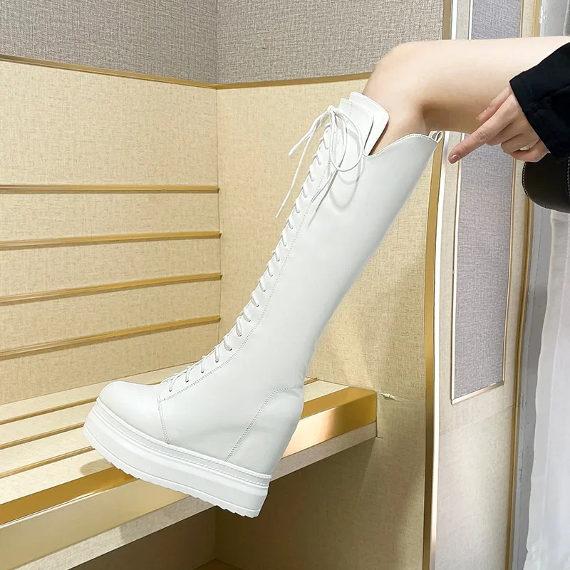 2026 Autumn Winter Women Boots Soft Leather Lace Up Ladies Knight Long Boots Casual Thick Sole Knee-high Boots Women's Designer