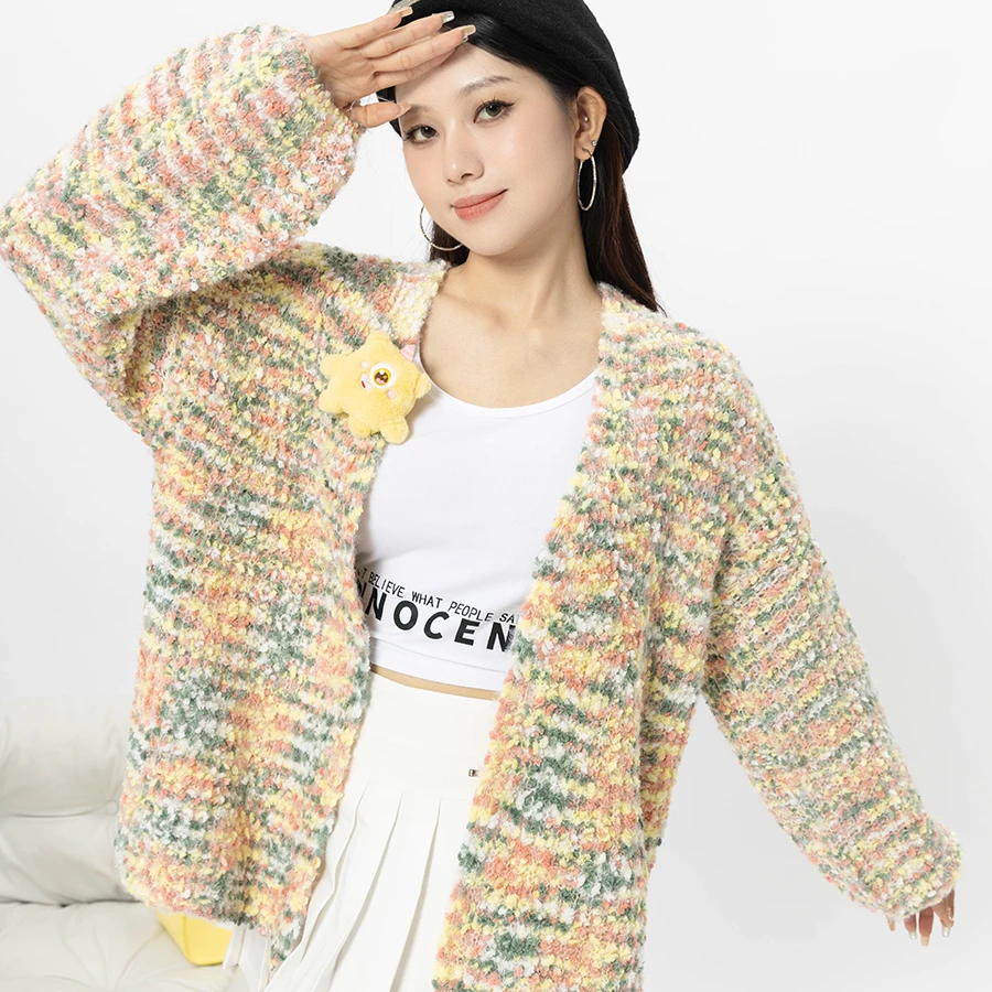 Korean Style Autumn Winter Women Girl Casual Pullover Sweater Coat Sweet Colourful Fashion Design Loose Knitted Cardigan Soft