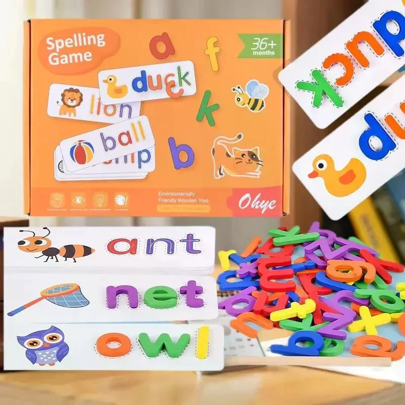 เกมเสริมทักษะการสะกดคำภาษาอังกฤษสำหรับเด็ก: ปริศนาไม้มอนเตสซอรี่ 52 ชิ้น พร้อมการ์ดเรียนรู้ 28 ใบ