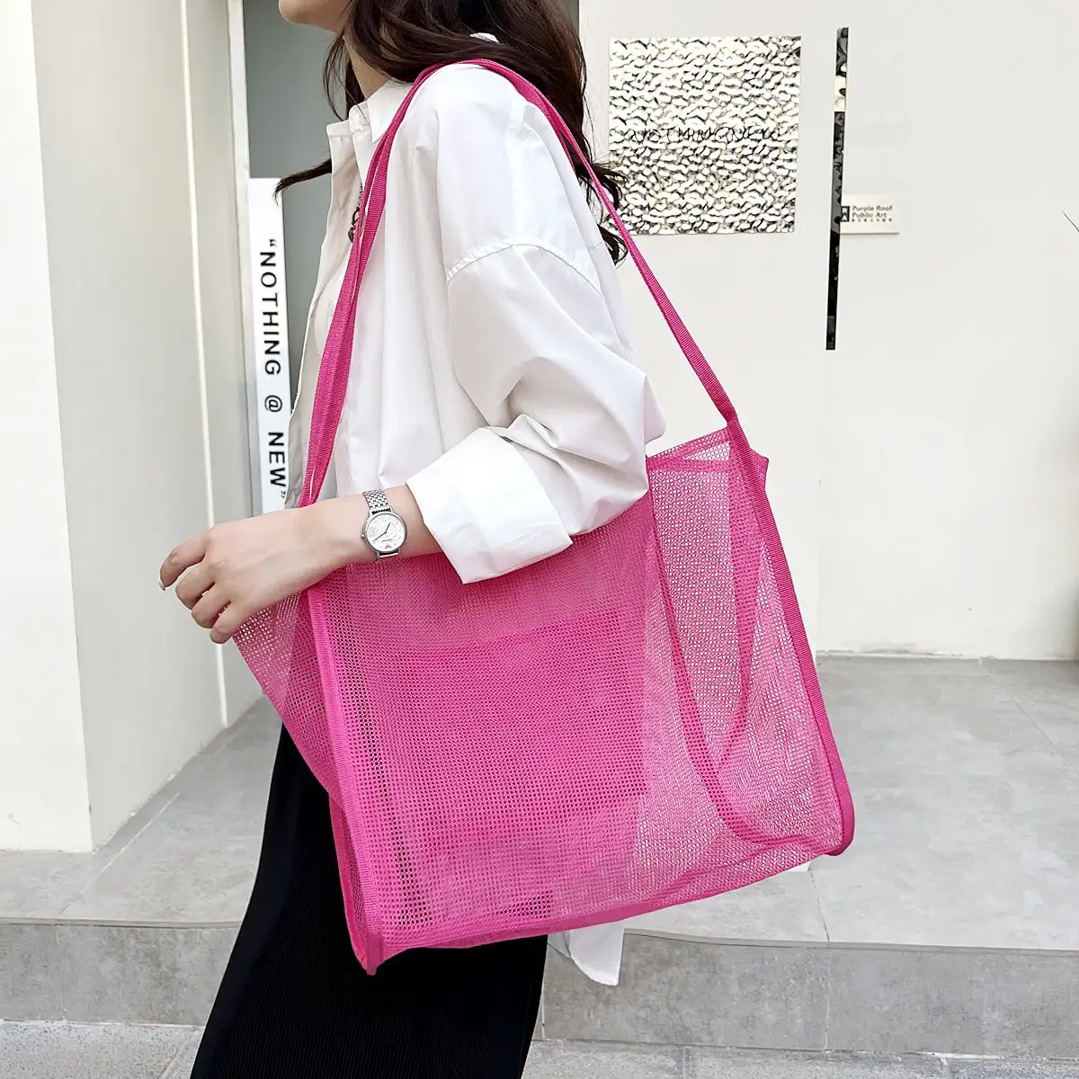 Yogodlns Trendy New Mesh Hollow Out Tote Bag Candy Beach Bags Travel  Handbag  Large Capacity Canvas Shoulder Bag Shoping Totes