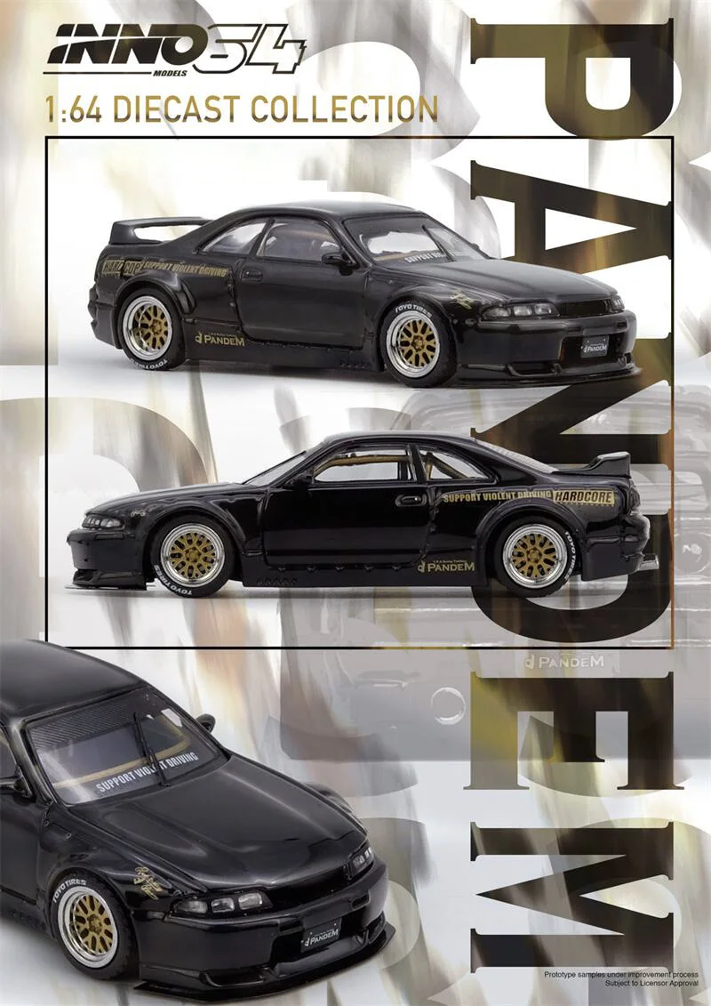 INNO 1:64 R33 PANDEM Skyline (BCNR33) Black/PANDEM ROCKET BUNNY 190E Alloy Vehicle Collectible Car Model