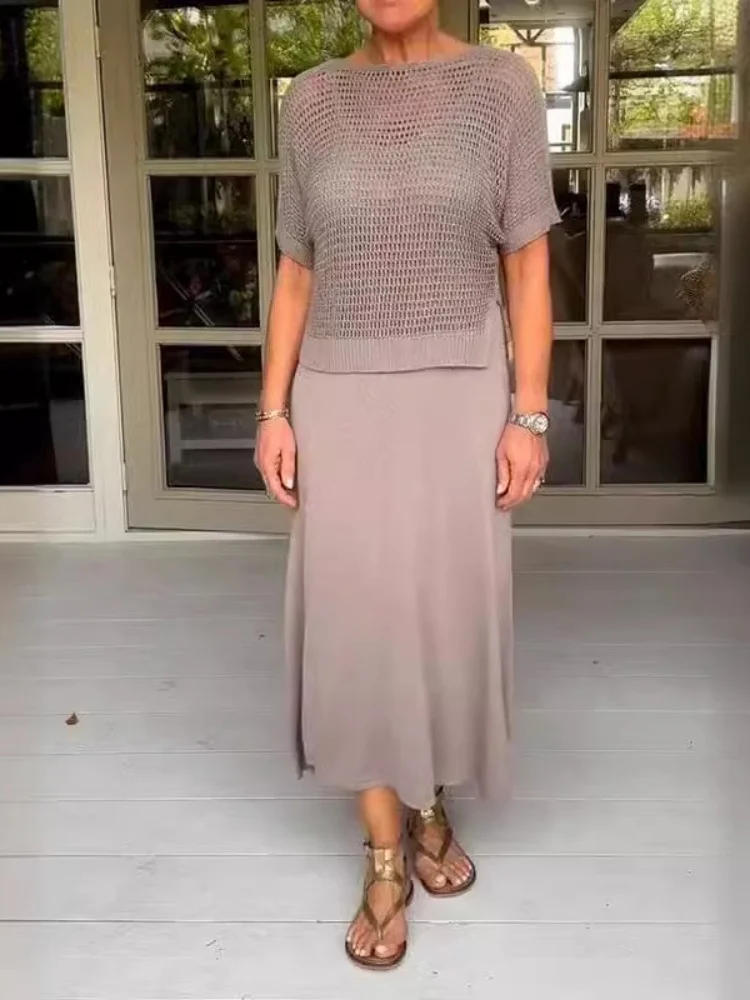 

Three Sisters 2025 New Women's Clothing Ornament Knitted Hollow Dress Set Casual Solid Color Round Neck Knitted Dress Set