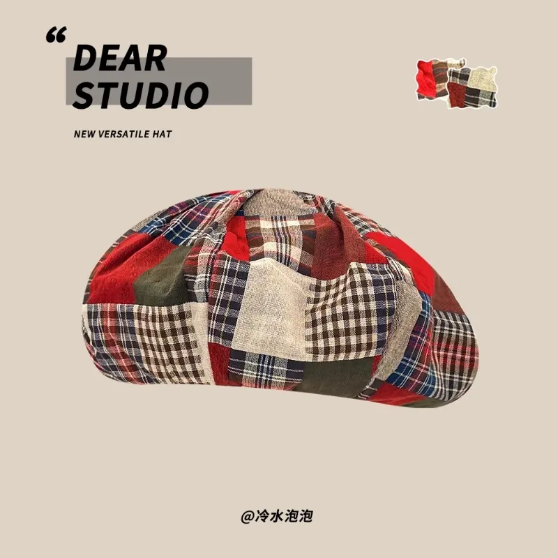 Japanese Retro Splicing Plaid Cloud Berets for Women Spring and Summer Thin Literary Versatile Show Face Small Sweet Painter Hat