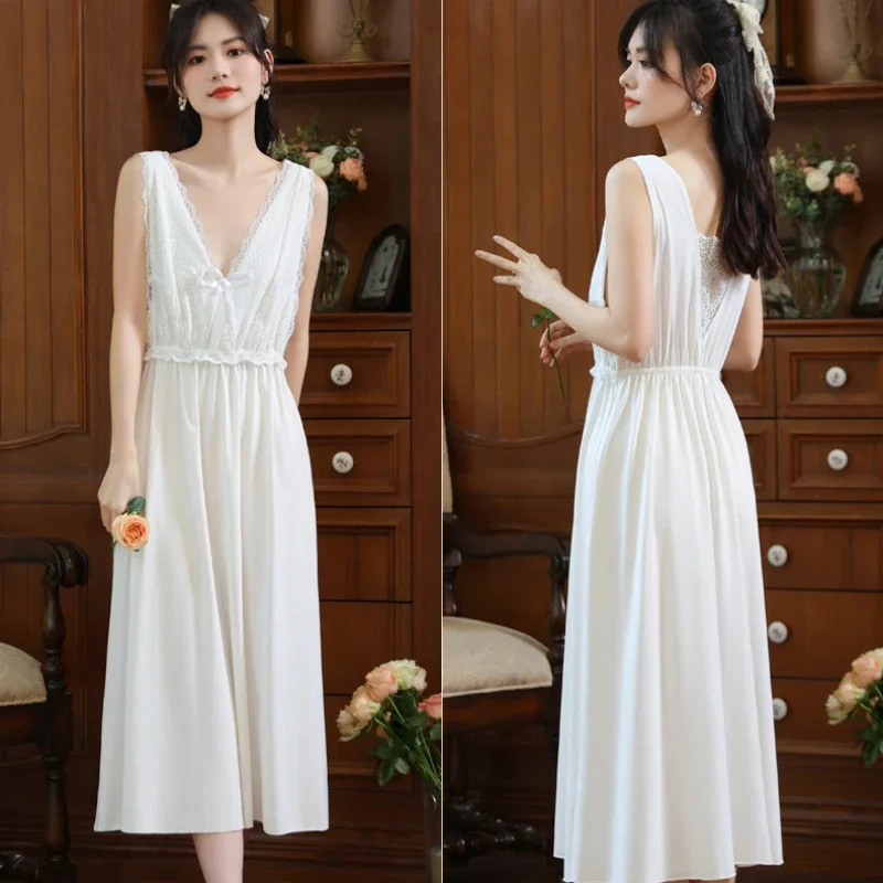 فستان نوم نسائي بدون أكمام صيفي دانتيل قطني طويل ثوب نوم مثير بياقة على شكل V فستان نوم نحيف بقصة منخفضة ملابس نوم للأميرات