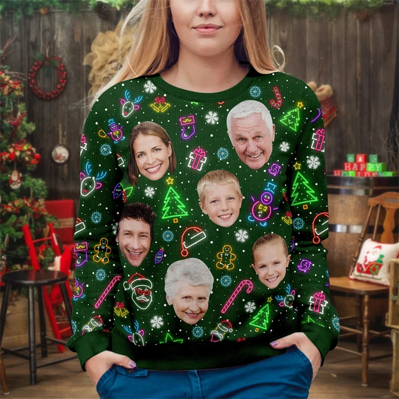 Send Selfie Custom Ugly Christmas Sweater DIY Custom Family Members Crewneck Pullover Top Men Women Kid Sweaters Personality