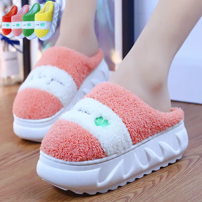 Green Leaf Thick Sole Furry Slippers Girls Indoor Flip Flop Winter Slides Fuzzy Slippers Woman Platform Home Shoes Warm Slippers