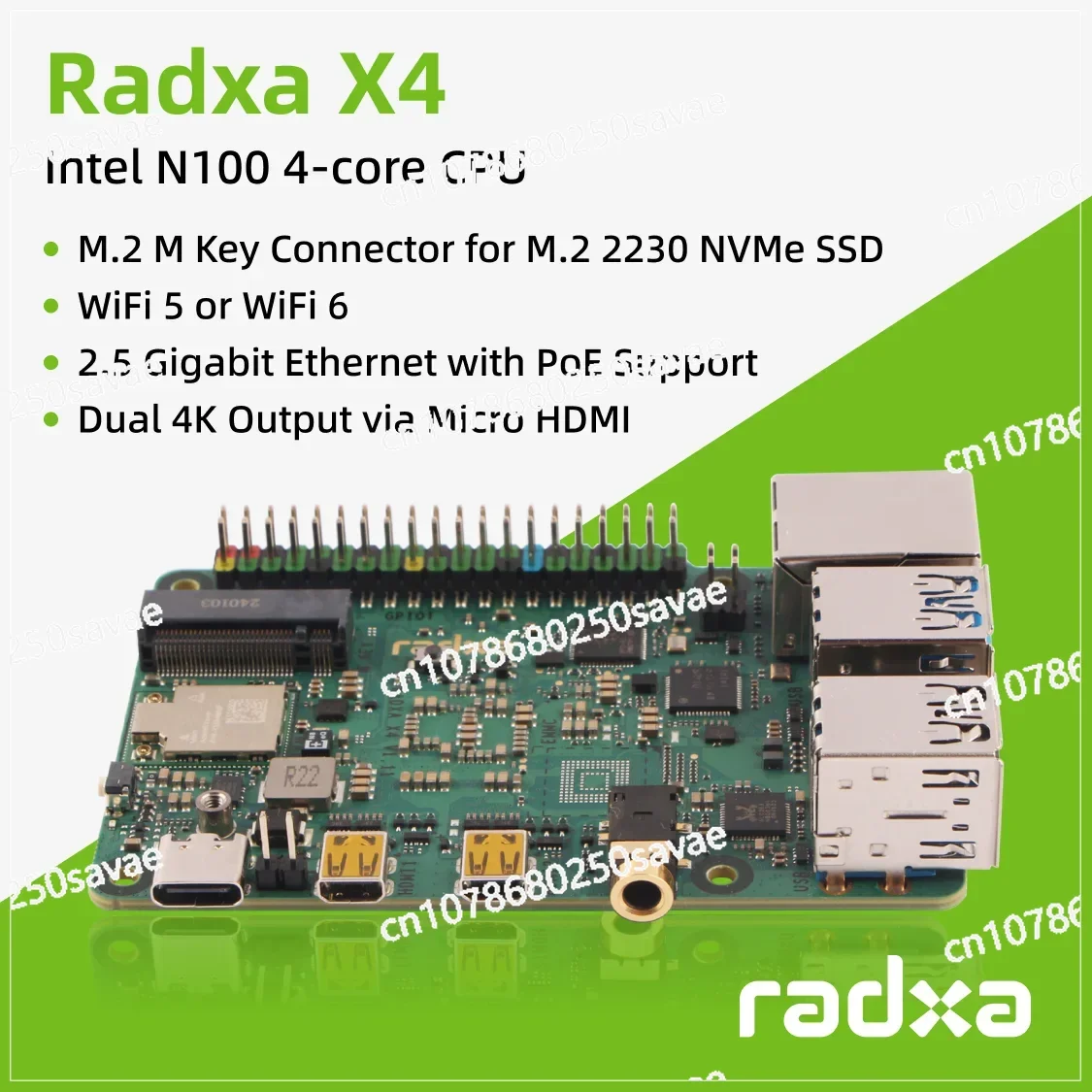 Radxa X4 with N100, Dual 4K Output, 2.5Gbps Ethernet, PCIe 3.0 M.2 M Key, WiFi 5/6, High-Performance SBC