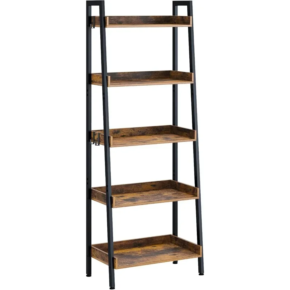 5 Tier Ladder Bookshelf with 3 Hooks, Industrial Bookcases, Freestanding Display Plant Shelves with Metal Frame for Living Room