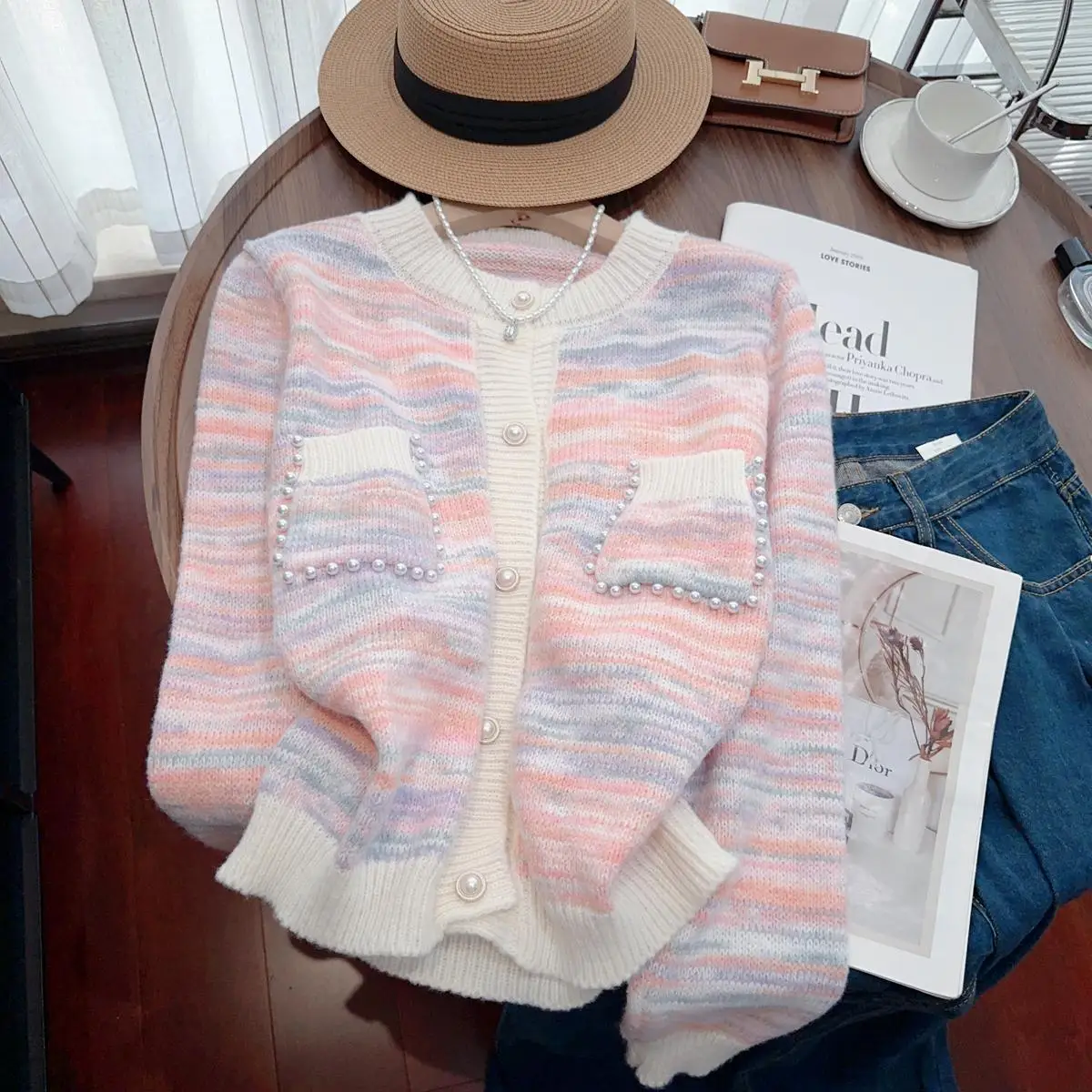 

Striped Knit Sweater Cardigan Women Tops Knitwear Autumn Winter Pearl Beading Long Sleeve O-neck Ladies Stylish Fashion Jumpers