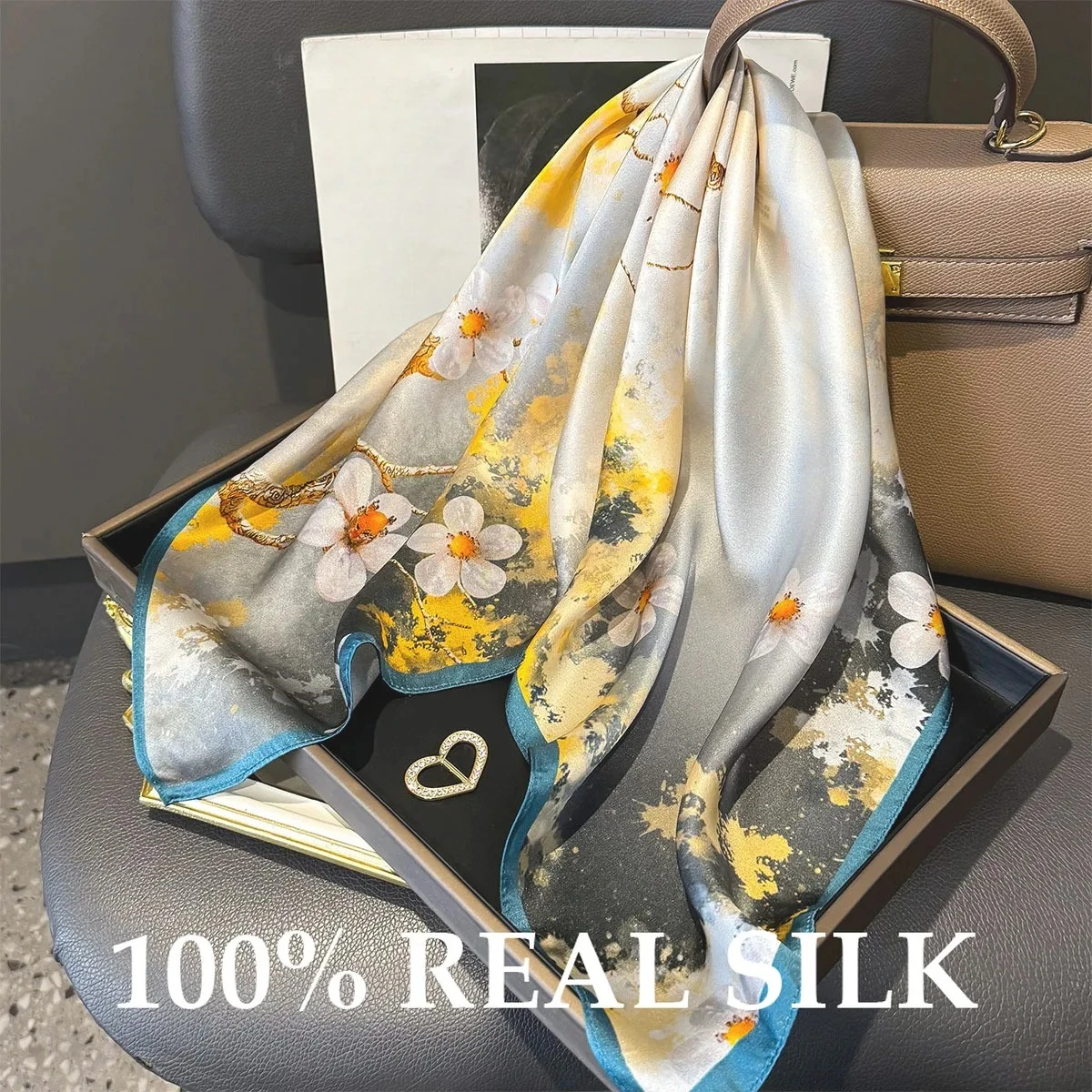 

Women 100% Real Silk Square Luxury Silk Scarves Shawl Beach Cover Up Wrap Hijab Headscarf Pashmina Neckerchief Hairband Bandana