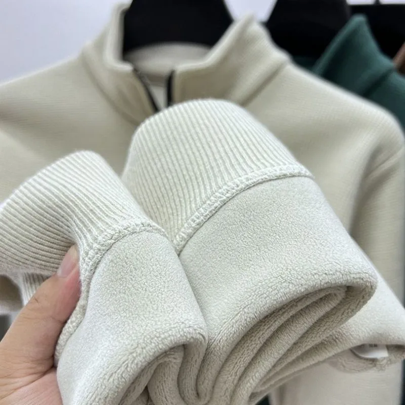 Men Clothing Mens Sweatshirt Stand Neck Half Zip Thicker Waffle Cotton High-quality Hoodie Autumn Winter Basic Tops Pullover