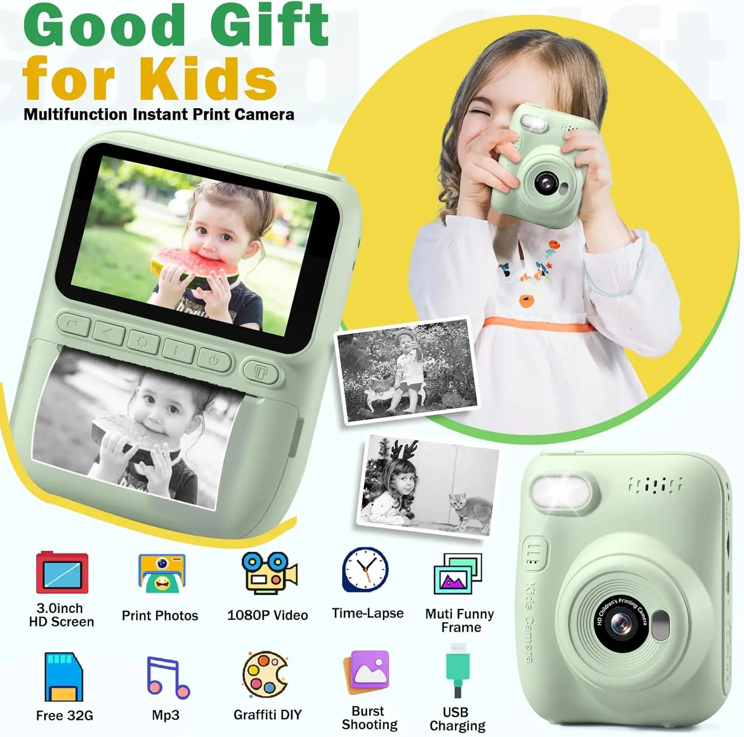 Instant Print Kids Camera, Portable Digital Camera for Toddlers, Birthday Graduation Gift for Kids Ages 3-12, Outdoor Travel Toy with Photo Printing for Boys Girls, Green view 2
