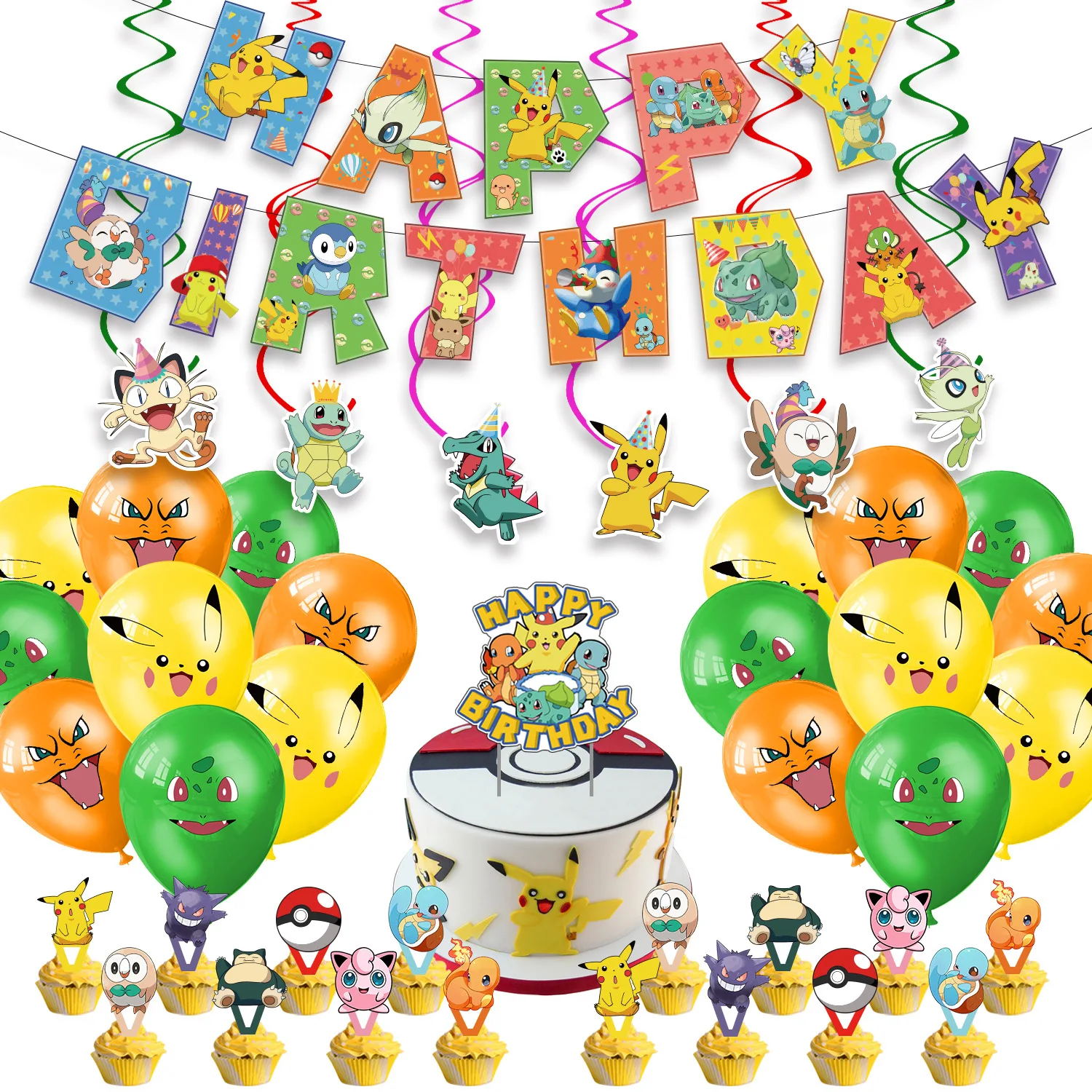 

Pokémon Birthday Party Decorations - Banner, Cake Toppers, Balloons & Spiral Hangers, Complete Pokémon Theme Kit