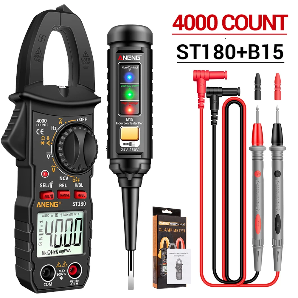 ANENG ST180 + B15 المشبك متر فاحص القلم دعوى 4000 عدد المتعدد 30-1000 فولت كاشف جهد متر التشخيص نقطة التوقف مكتشف