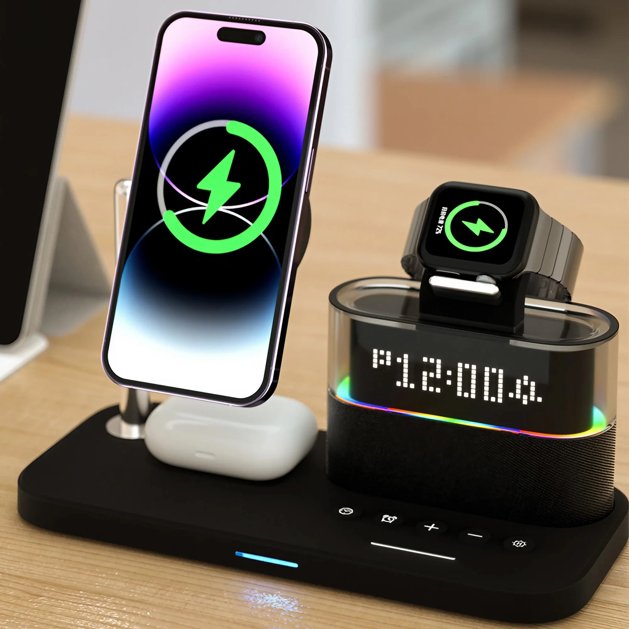 STOENGO 15W 5 in 1 Magnetic Wireless Charger Clock Wireless Charger for IPhone IWatch Ultra AirPods Samsung Fast Charging